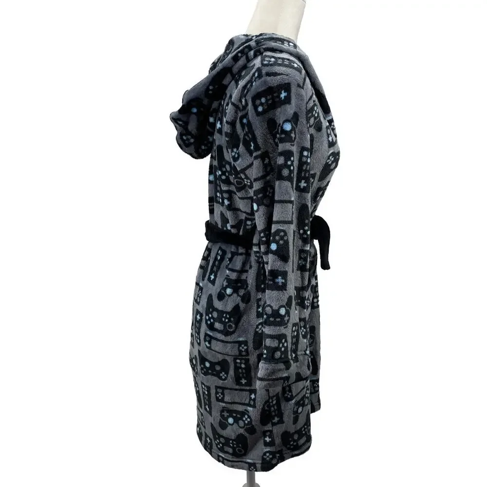 Cuddl Duds Boys Hooded Fleece Robe Gamer Print Size 14 16 Gray Tie Belt